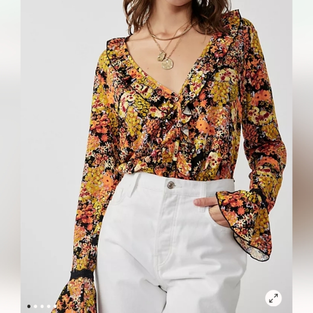 Free People Heat Wave Bodysuit Women Medium Orange Black Floral Fall Bell Sleeve